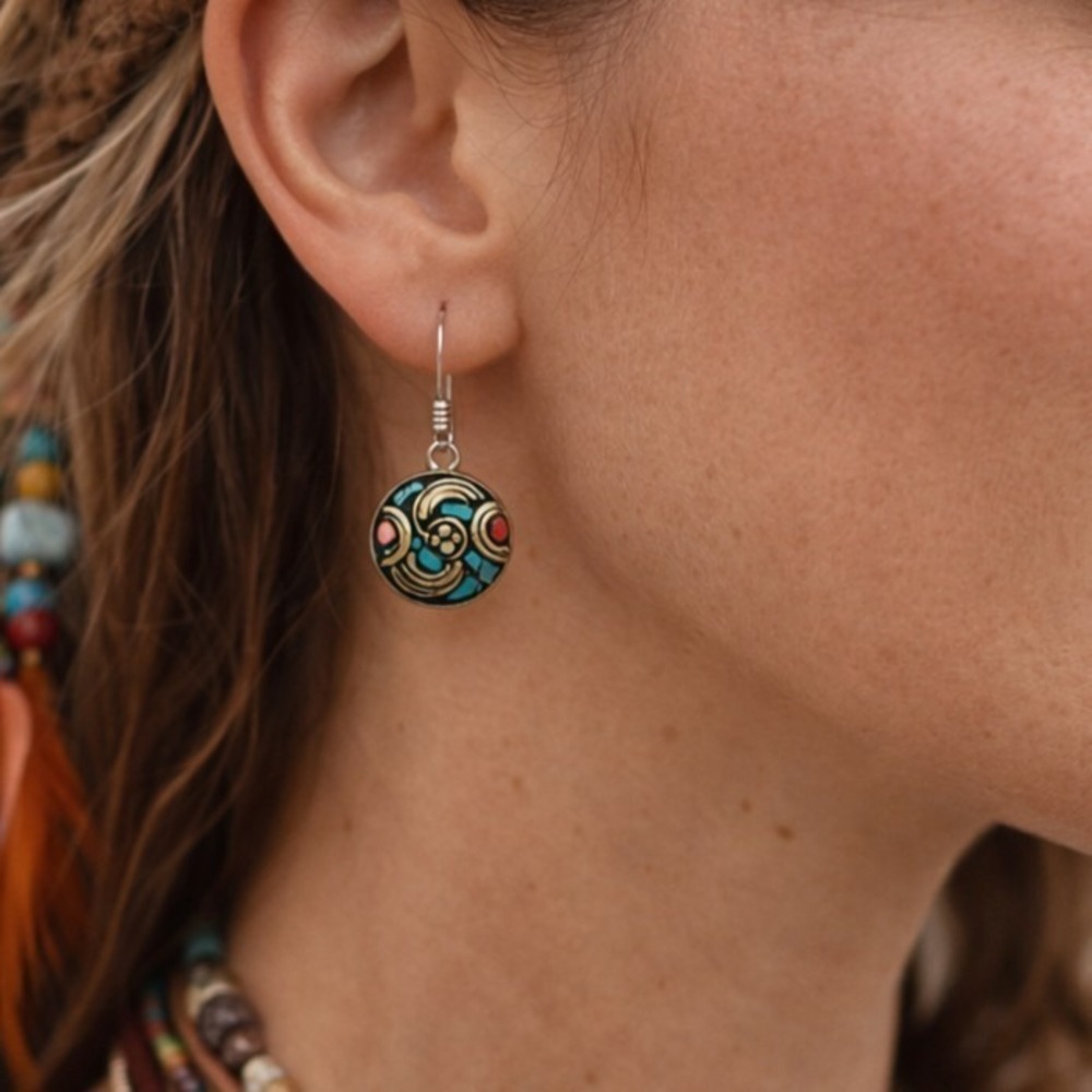 Tibetan Handmade Dangle Earrings Red Coral‎  & Turquoise #0668